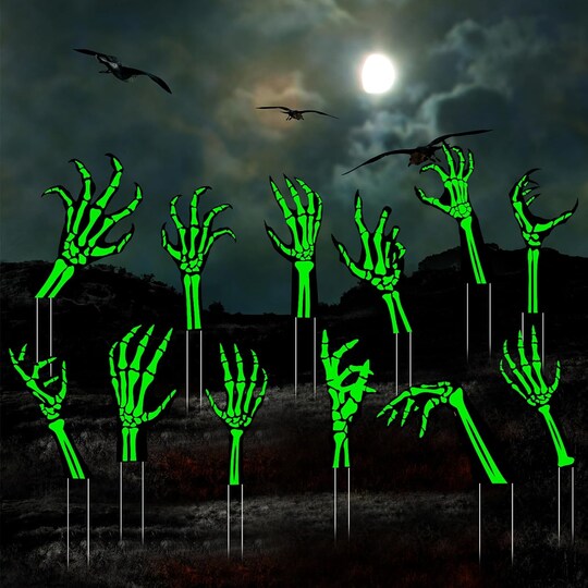 Greentek; 12 Pack Halloween Skeleton Hand Yard Signs, Glow in the Dark Plastic Lawn Stakes, Waterproof Outdoor Graveyard Decorations for Garden, Front Yard, Walkway, Haunted House Halloween Party Decor; Category:Halloween Yardstakes; Image:1